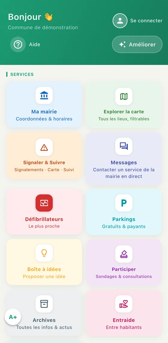 Écran d'accueil de l'application : services de la commune et actualités